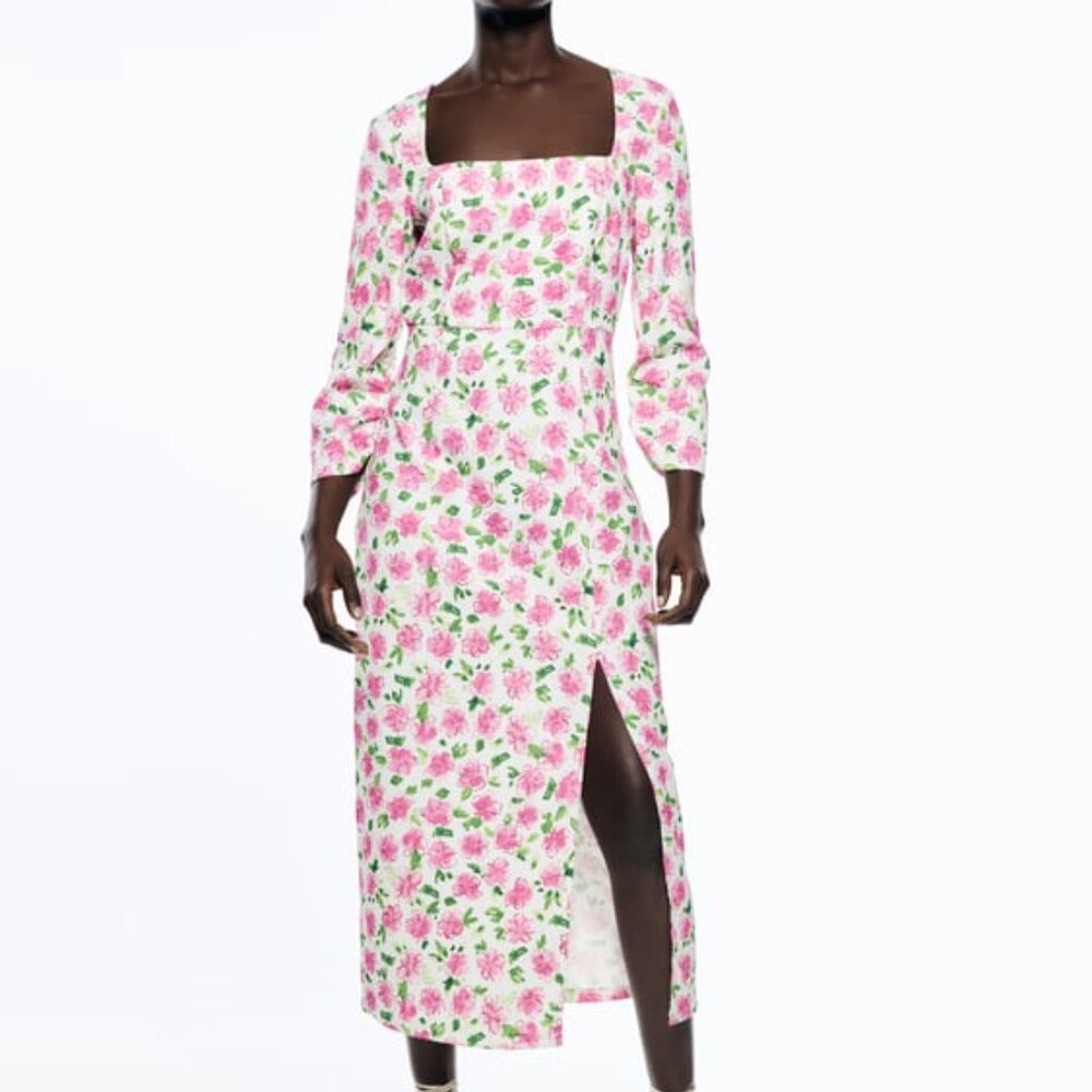 ZARA Floral Fitted Print Dolce Satin Like Sheath Midi Dress- Blogger Fav S